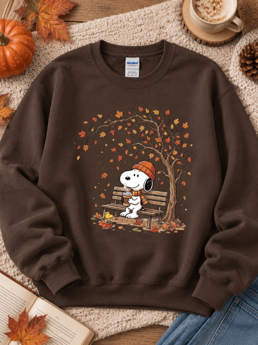 Cozy Fall Dog Sweatshirt Autumn Tree Coffee Bench Gildan Dark Chocolate Crew